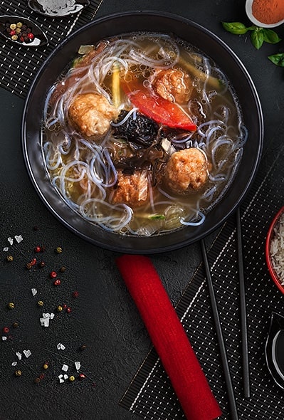 Homemade Chinese Rice Noodle Soup with Meatballs