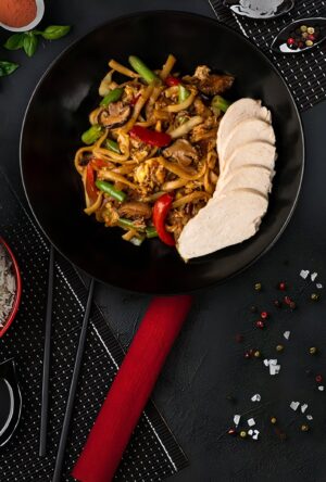 Udon with chicken in soy-ginger sauce
