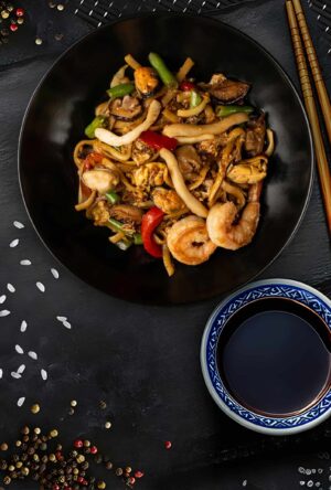 Udon with seafood in soy-ginger sauce